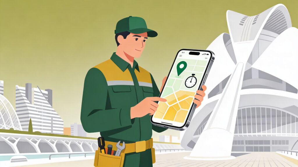 Instalador registrando su jornada laboral con smartphone en movilidad.