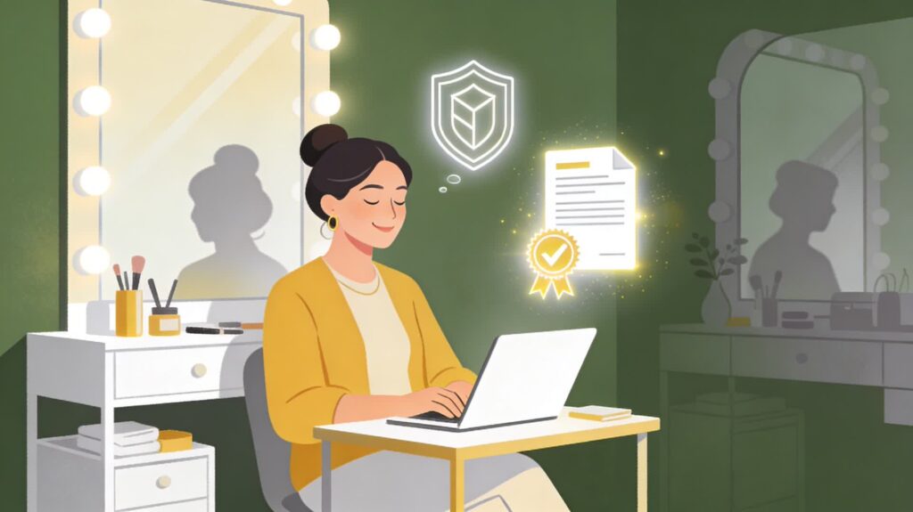 Propietaria de peluquería cerrando jornada con cumplimiento legal del registro horario garantizado.