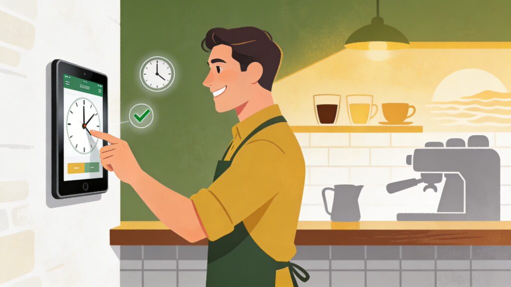 Camarero fichando digitalmente al inicio de su turno en una cafetería de Málaga.