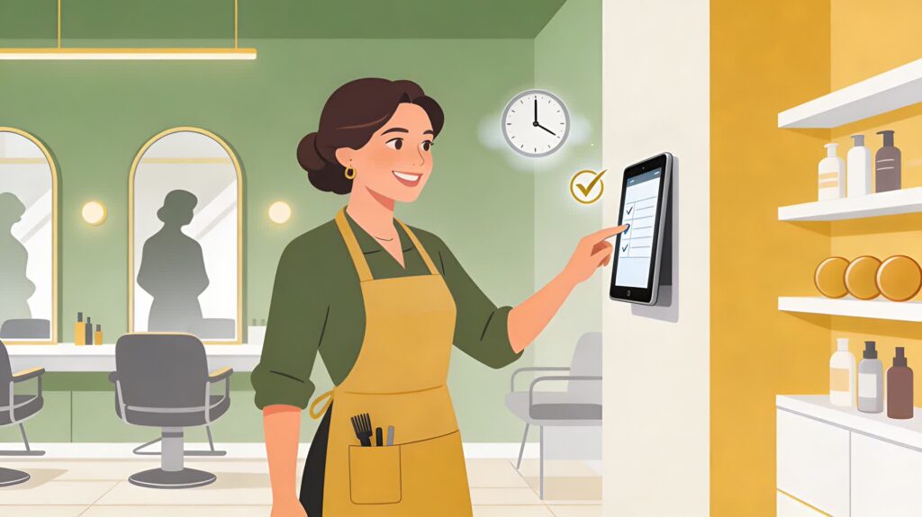 Estilista fichando digitalmente al inicio de su turno en una peluquería de Sevilla.