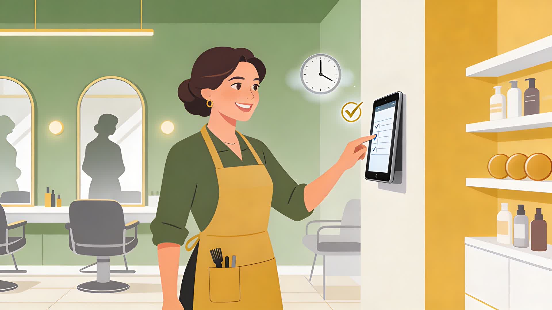 Estilista fichando digitalmente al inicio de su turno en una peluquería de Sevilla.