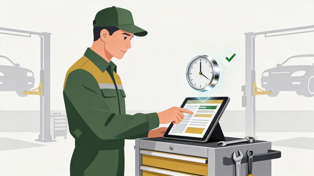 Mecánico utilizando una tablet para el control horario en un taller de Valencia.