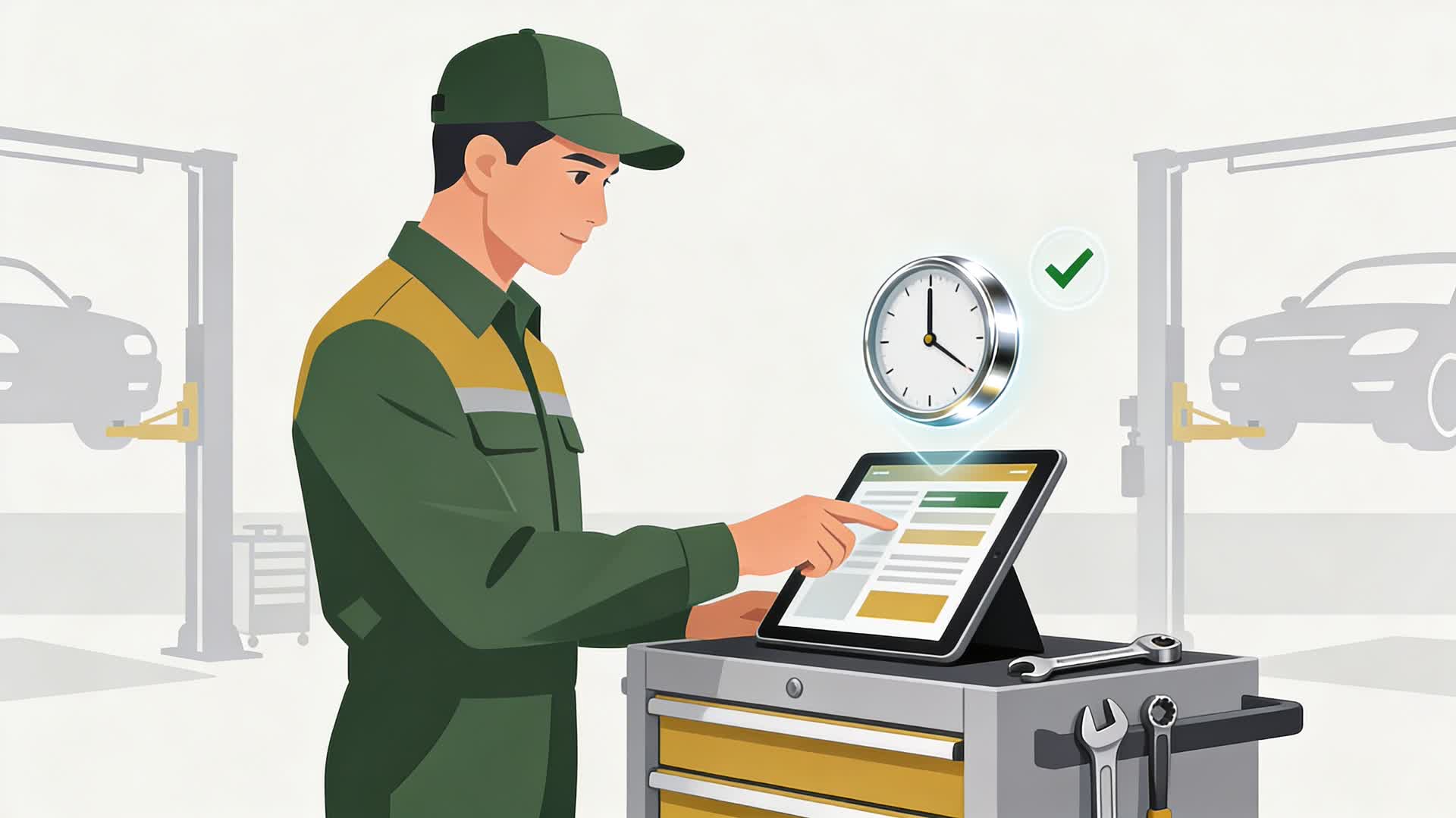 Mecánico utilizando una tablet para el control horario en un taller de Valencia.