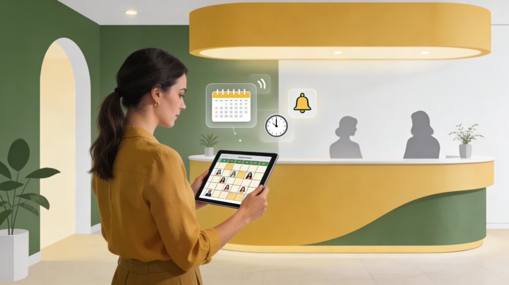 Dueña de centro de estética gestionando turnos del equipo con app de control horario.