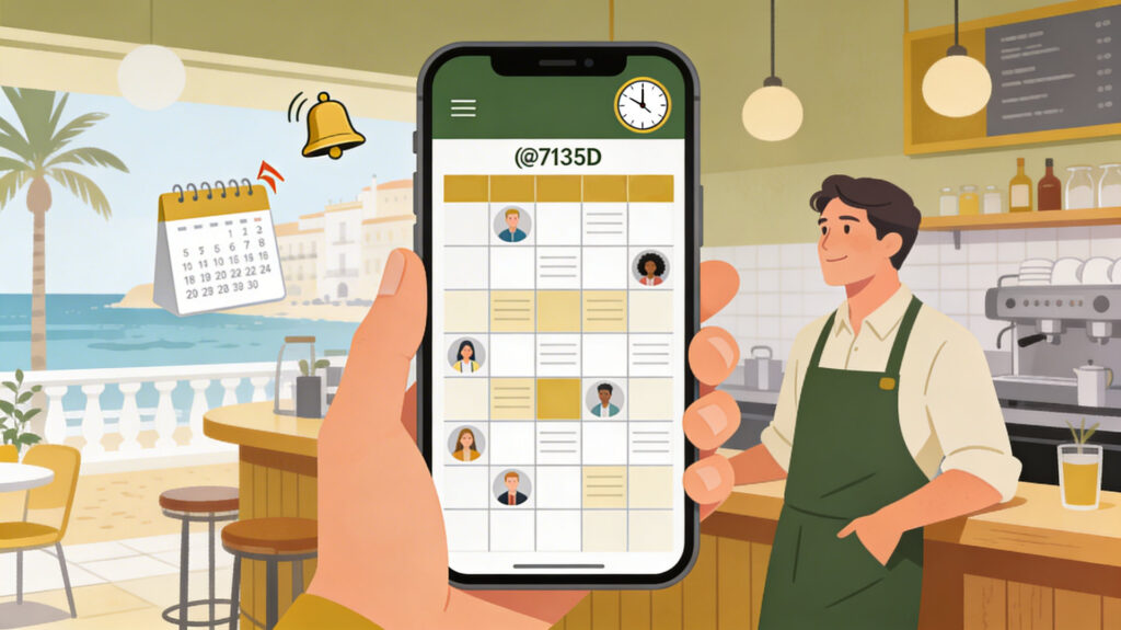 Dueño de bar gestionando turnos del equipo desde el móvil con app de RRHH.