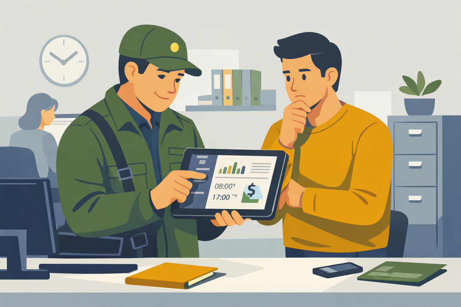 inspección de trabajo revisando registro horario digital en empresa