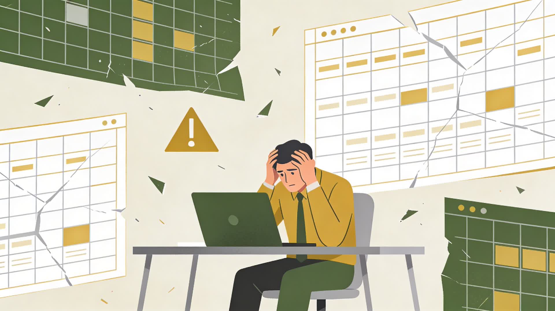 Trabajador estresado rodeado de hojas de cálculo desorganizadas al fichar en excel.