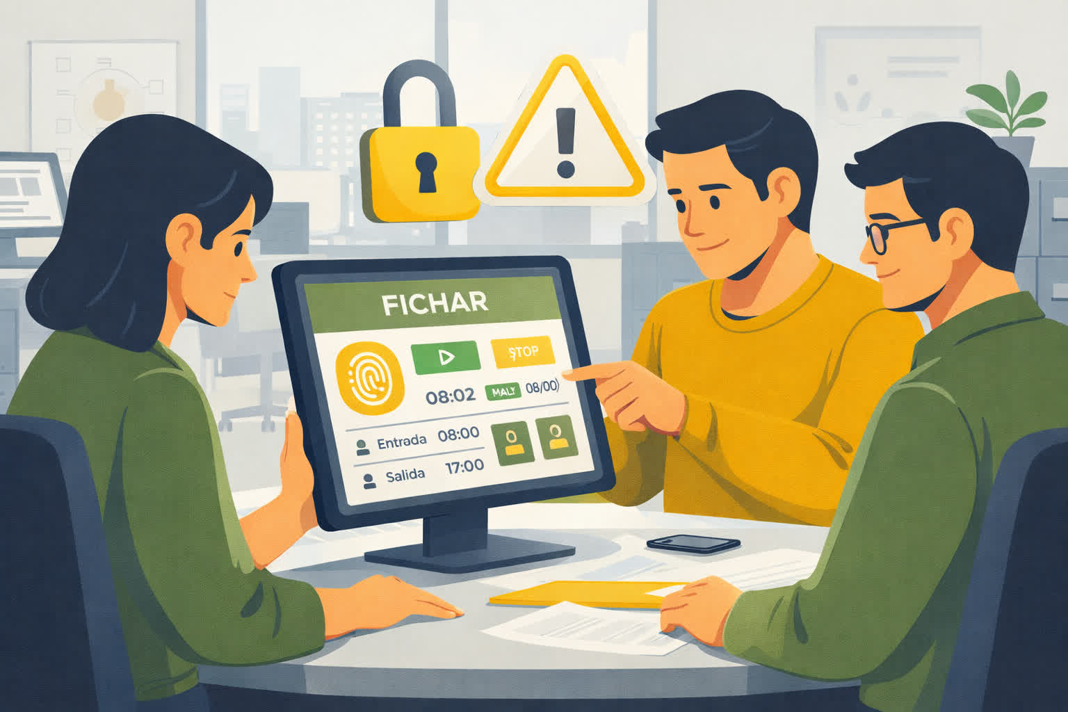 Software de control horario digital en empresa con empleados fichando