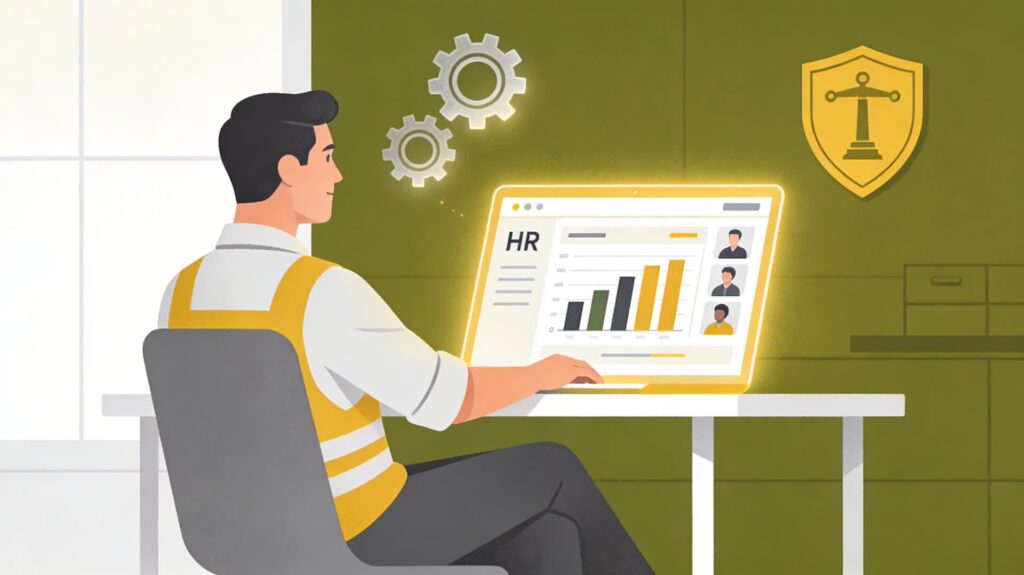 Gerente de pequeña fábrica analizando las horas del equipo en software de RRHH.