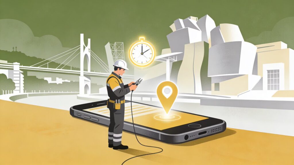 Instalador fichando con smartphone al inicio de su jornada en Bilbao.