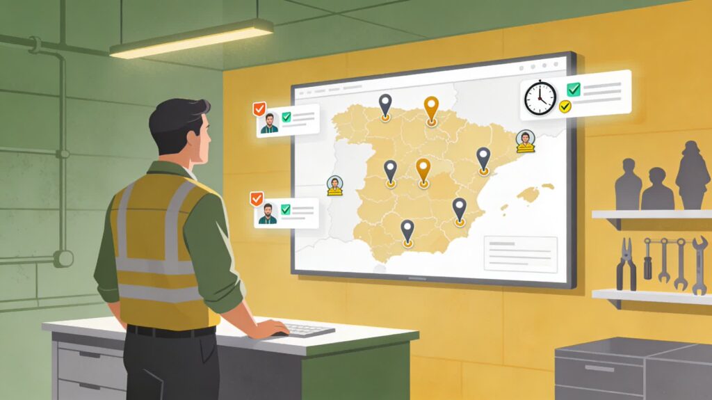 Jefe de gremio controlando el registro horario de instaladores en tiempo real desde oficina.